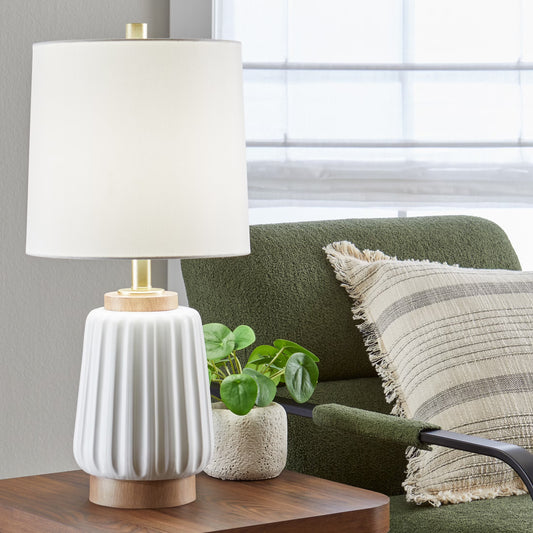 Ribbed White Ceramic and Wood Table Lamp