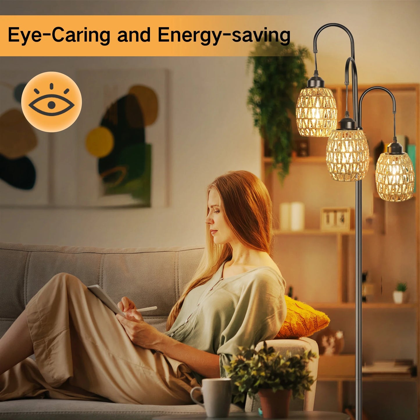 69'' Tree Floor Lamp for Living Room Clearance, 3 Light Dimmable Tall Standing Lamp with Rattan Lampshade, Farmhouse Floor Lamp with 3 LED Bulbs for Bedroom Office, Boho