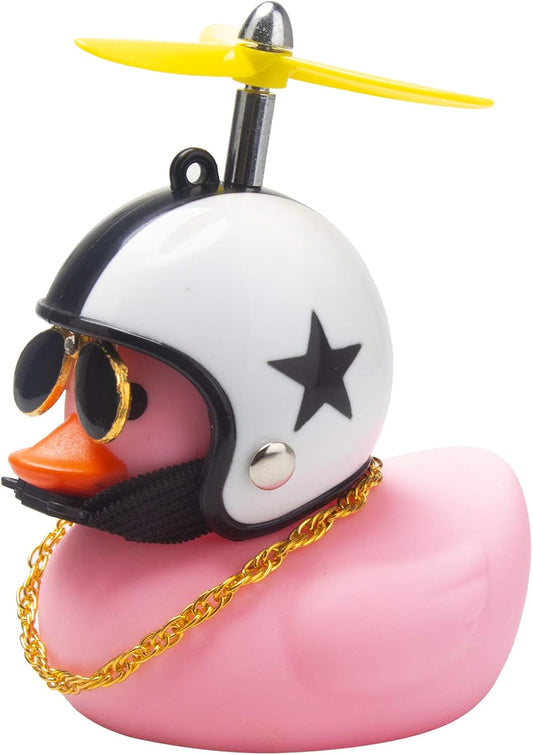 Pink Duck Car Dashboard Decorations - Rubber Duck Car Ornaments with Propeller Helmet Sunglasses and Gold Chain (Star-Pink)