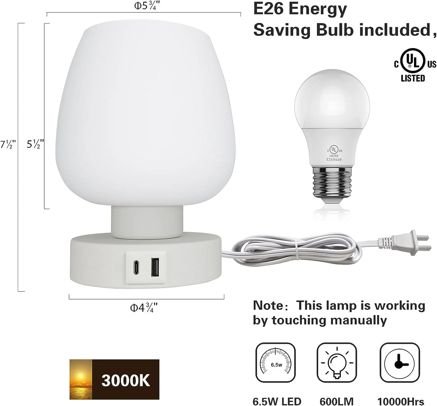 Bedside Lamp, Touch Control Table Lamp with USB A+C Charging Ports, 3-Way Dimmable Small Nightstand Lamp with Glass Lamp Shade for Bedroom Living Room