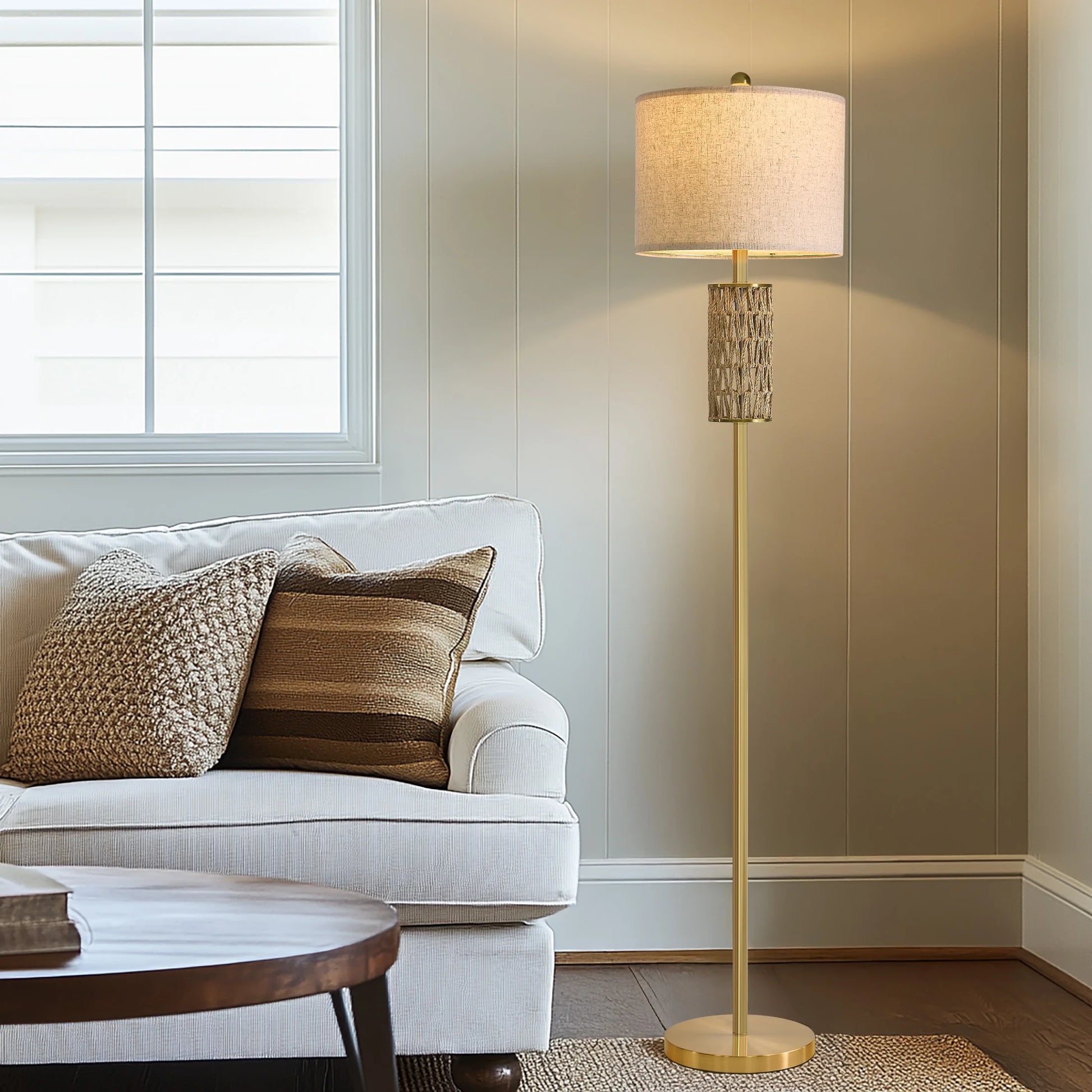 62" Farmhouse Gold Floor Lamp for Living Room with Twine Body,Retro Tall Standing Lamp for Bedroom, Office,Lighting,Decor