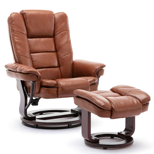 32" Contemporary Leather Recliner and Ottoman with Swiveling Mahogany Wood Base