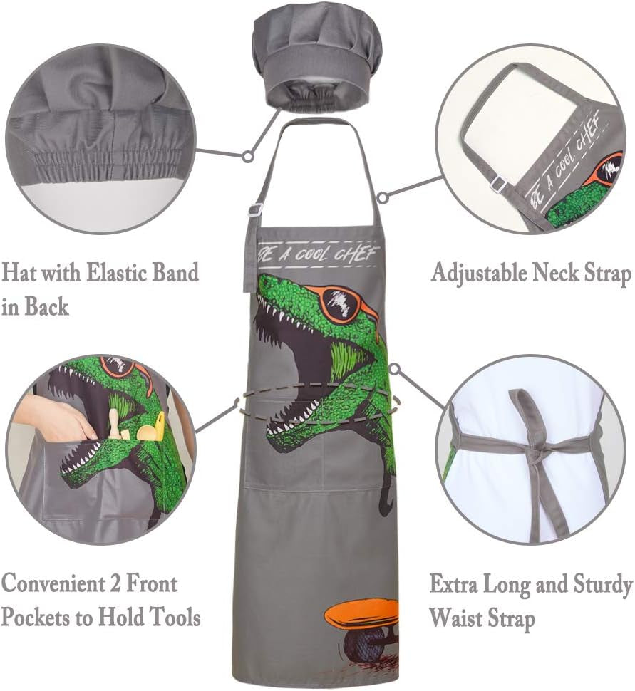 Kids Apron and Chef Hat for Boys Dinosaur Adjustable Child Aprons with Pockets for Cooking Baking Painting 3-12 Years