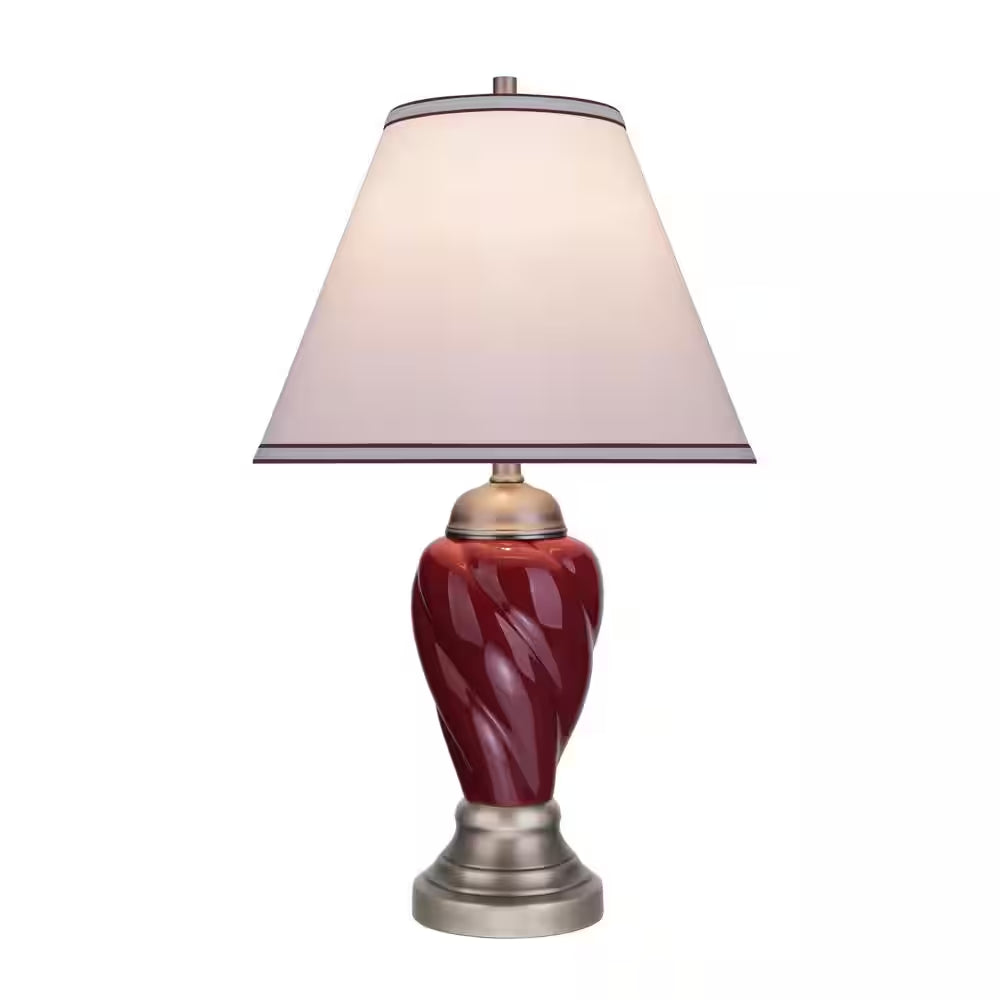 26 In. Burgundy Ceramic Table Lamp with Hardback Empire Shaped Lamp Shade in Off-White