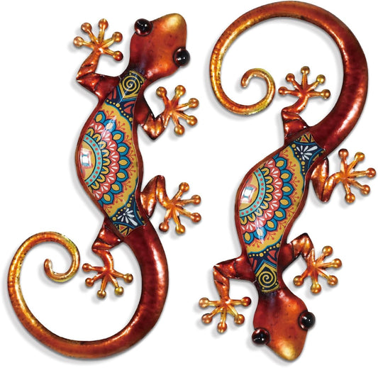 Lizard Metal Wall Art Decor - 2 Pack 15 Inch Metal Wall Decor, Lizard Outdoor Hanging Glass Sculpture Decoration for Yard Garden Art, Patio Fence Home, Unique Gift Ideas