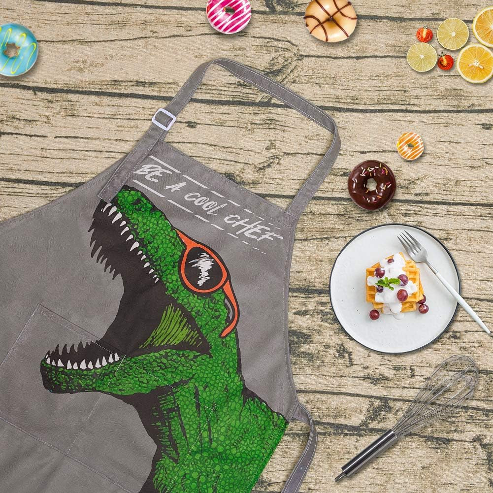 Kids Apron and Chef Hat for Boys Dinosaur Adjustable Child Aprons with Pockets for Cooking Baking Painting 3-12 Years