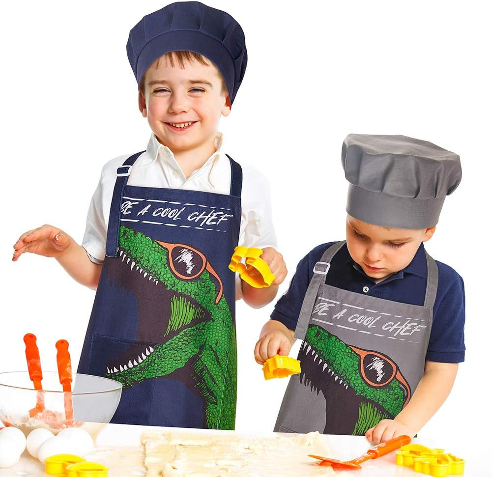 Kids Apron and Chef Hat for Boys Dinosaur Adjustable Child Aprons with Pockets for Cooking Baking Painting 3-12 Years