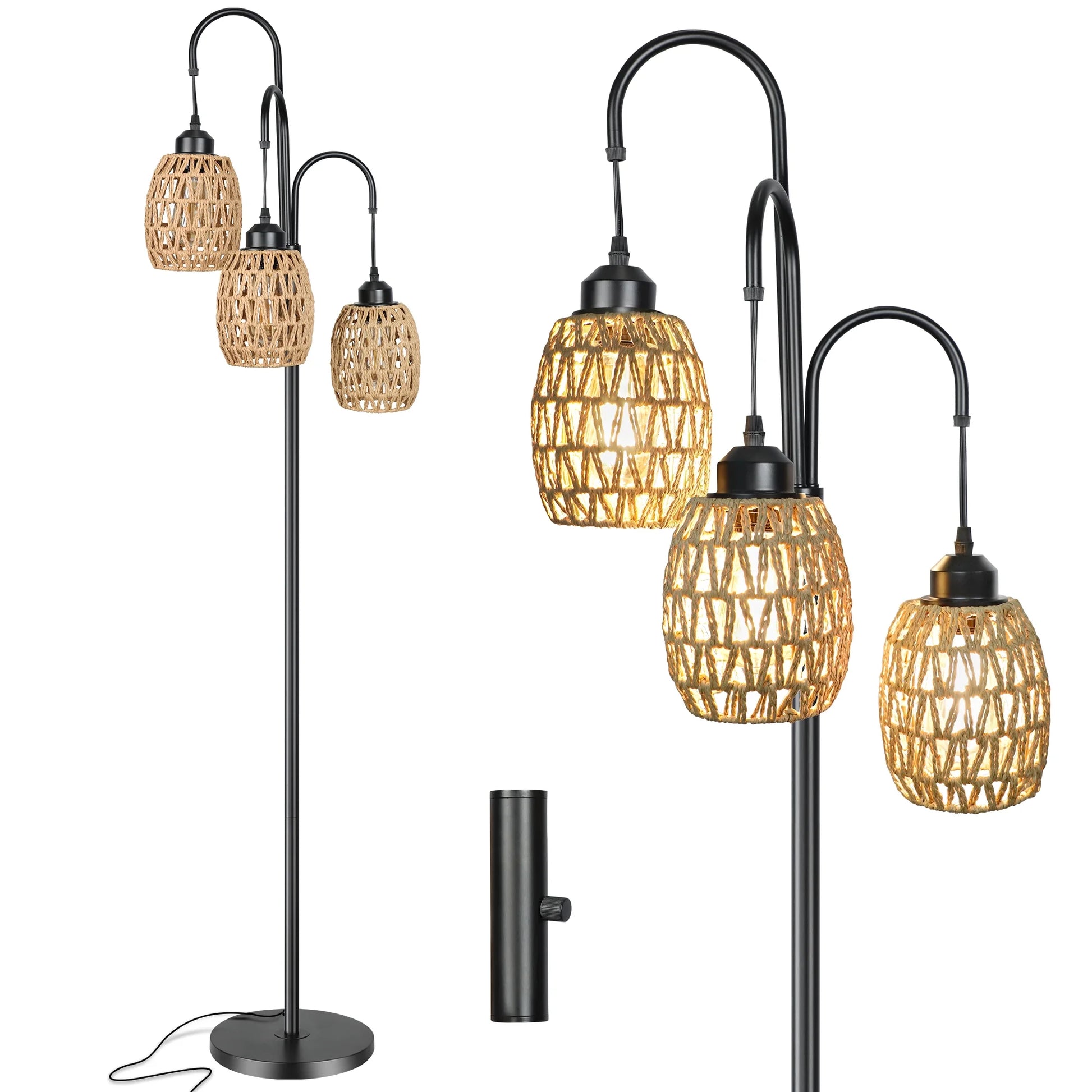 69'' Tree Floor Lamp for Living Room Clearance, 3 Light Dimmable Tall Standing Lamp with Rattan Lampshade, Farmhouse Floor Lamp with 3 LED Bulbs for Bedroom Office, Boho