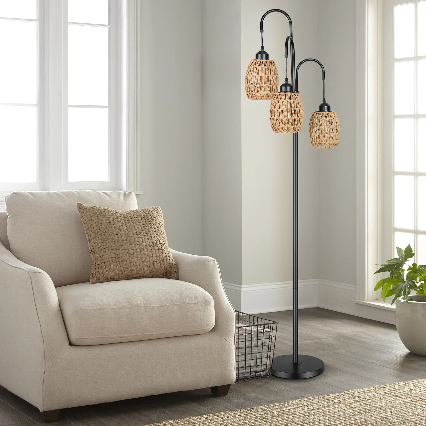 69'' Tree Floor Lamp for Living Room Clearance, 3 Light Dimmable Tall Standing Lamp with Rattan Lampshade, Farmhouse Floor Lamp with 3 LED Bulbs for Bedroom Office, Boho