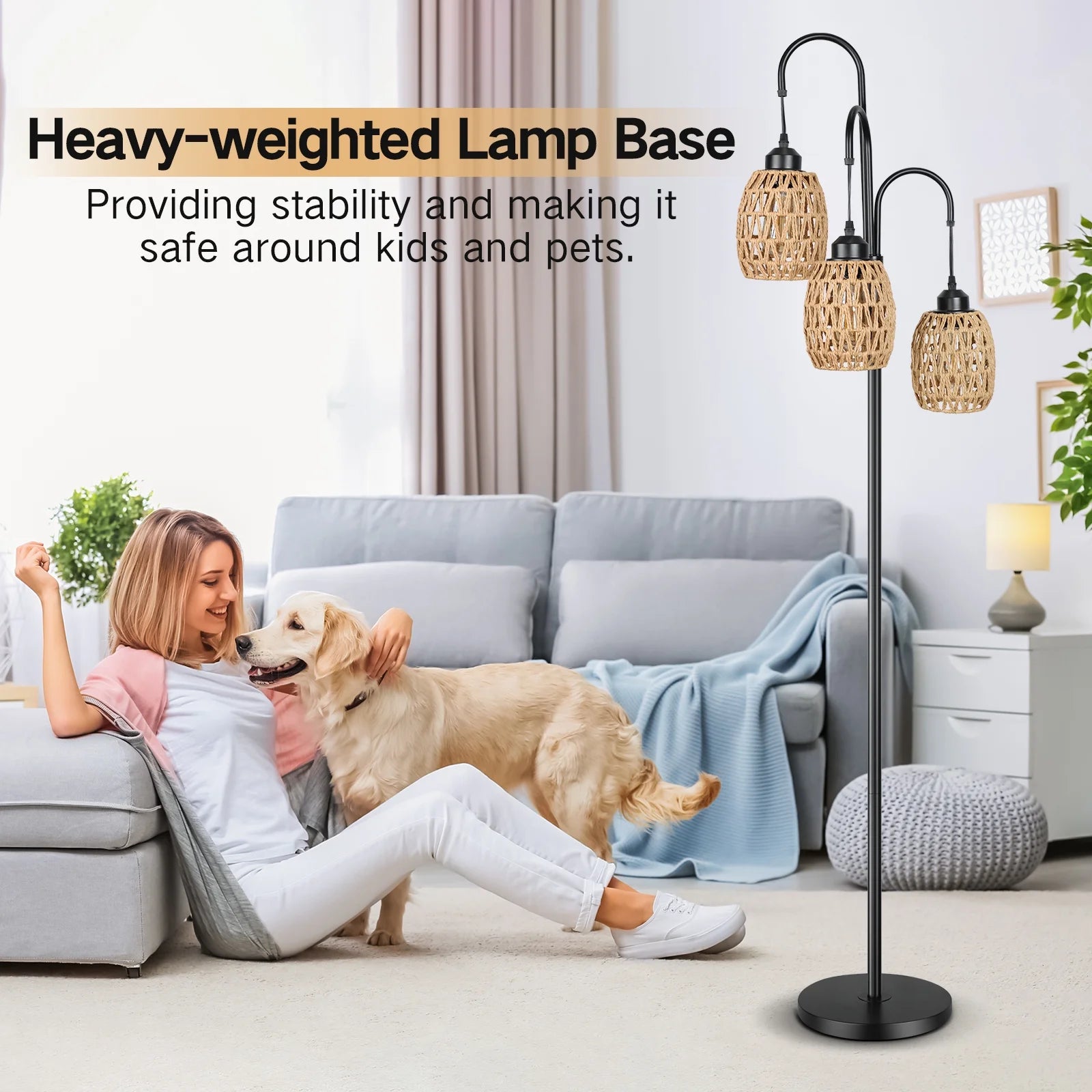 69'' Tree Floor Lamp for Living Room Clearance, 3 Light Dimmable Tall Standing Lamp with Rattan Lampshade, Farmhouse Floor Lamp with 3 LED Bulbs for Bedroom Office, Boho