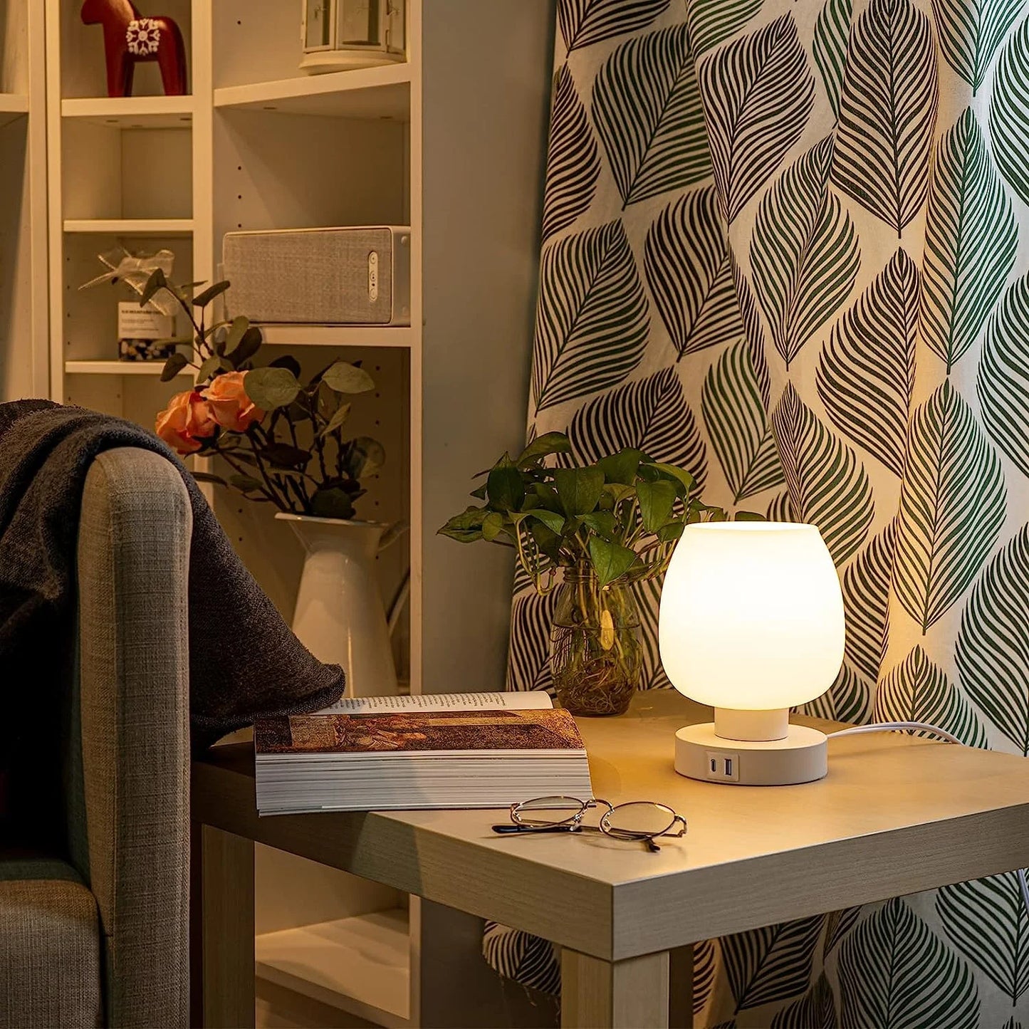 Bedside Lamp, Touch Control Table Lamp with USB A+C Charging Ports, 3-Way Dimmable Small Nightstand Lamp with Glass Lamp Shade for Bedroom Living Room