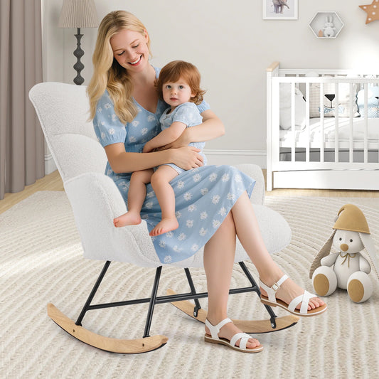 White Teddy Rocking Chair, with High Backrest and Padded Seat for Living Rooms, Bedrooms, Offices