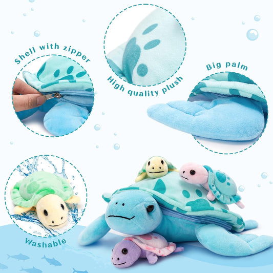 Sea Turtle Stuffed Animal, Soft Mommy Turtle Plush Toy with 3 Babies, Blue Stuffed Marine Life for Kids Girl Boy(Blue)