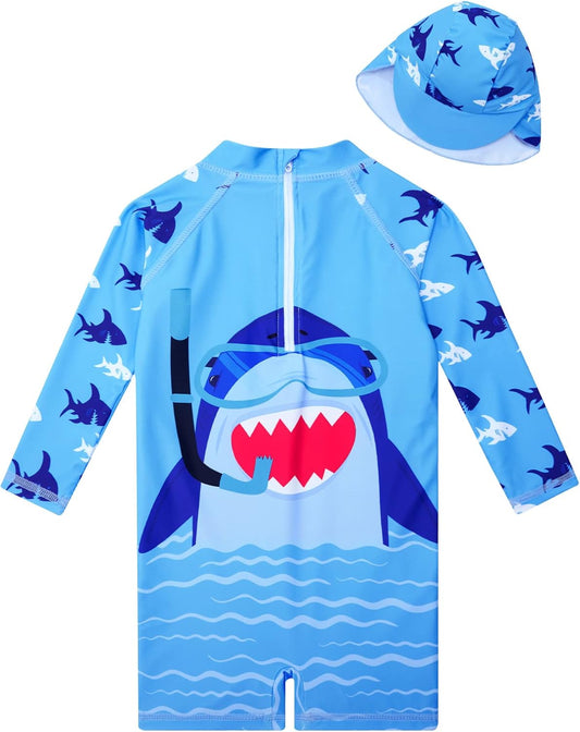 Baby Boys Swimsuit Summer Beach Rash Guard Swimwear One Piece Sunsuit with Sun Hat 3-24 Months
