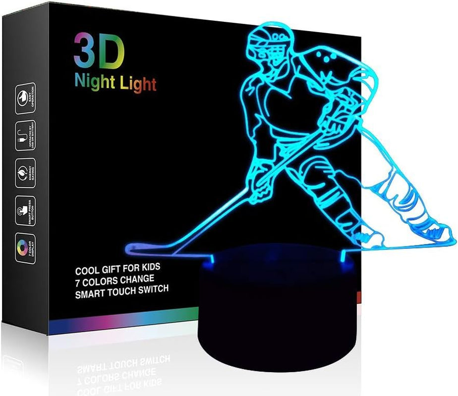 Hockey Night Light - 3D Player Lamp with 7 Color Changing LED for Kids' Rooms - Touch Control Desk Lamp for Hockey Fans