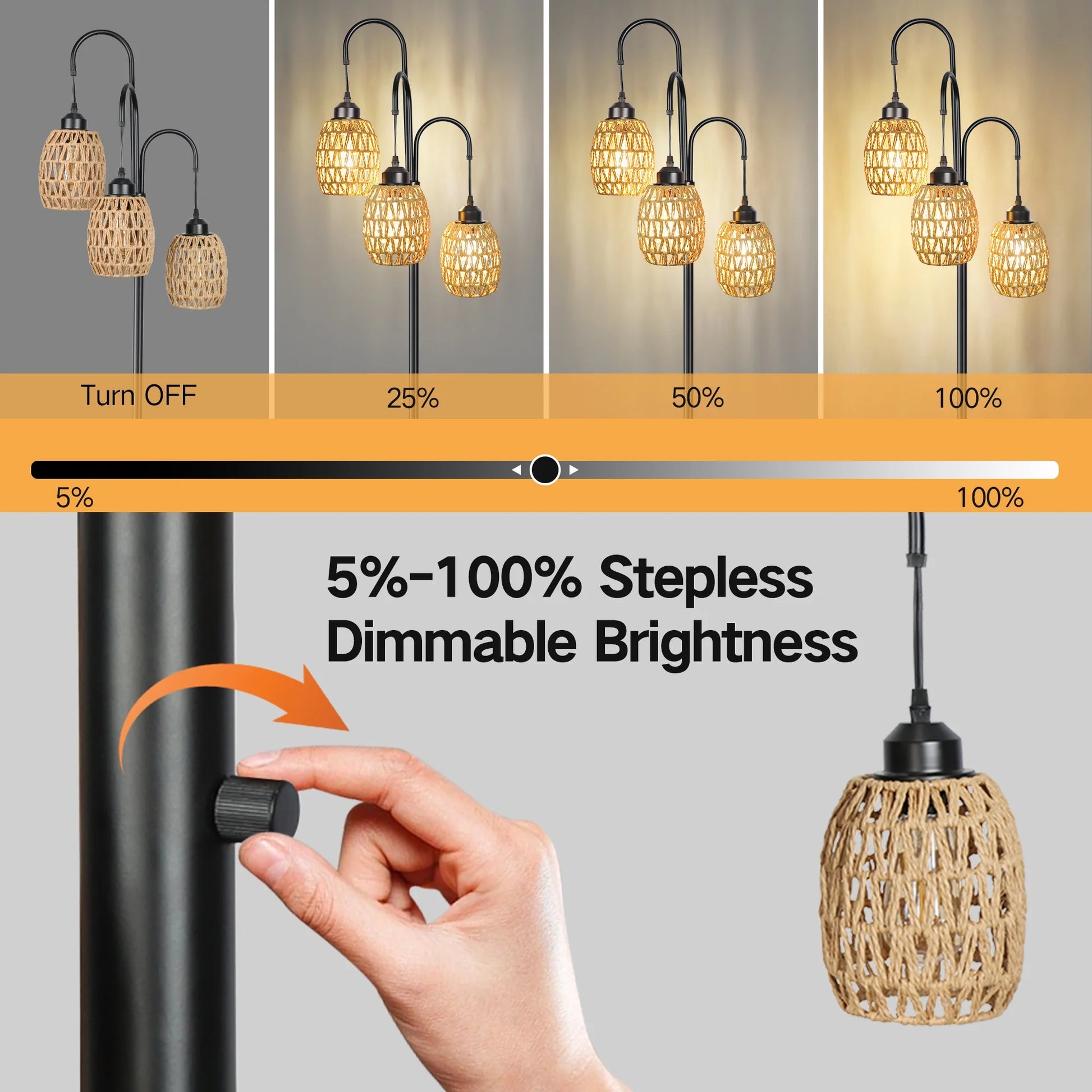 69'' Tree Floor Lamp for Living Room Clearance, 3 Light Dimmable Tall Standing Lamp with Rattan Lampshade, Farmhouse Floor Lamp with 3 LED Bulbs for Bedroom Office, Boho