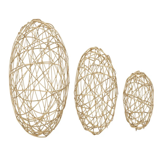 Gold Metal Geometric Wire Orb Decorative Sculpture, Set of 3 8", 6", 4"D
