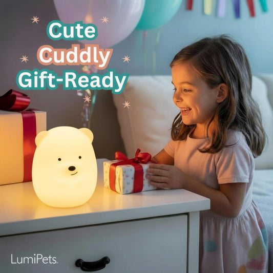 Benny the Bear Squishy Silicone Night Light for Kids | Cute Night Light with Remote & Touch Control for Girls & Boys | 9 Color Changing Soft Portable Animal Lamp Comes with USB Cord