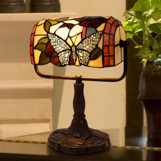 12.5 In. Multi-Colored Tiffany Style LED Bankers Lamp with Butterfly Design