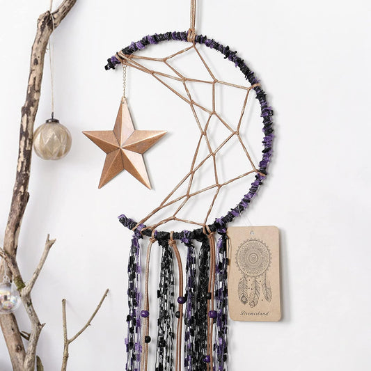 Moon Dream Catcher Handmade Half Circle Moon Design Dream Catcher Feather Hanging with Star Home Decoration Ornament Festival Gift (Purple)