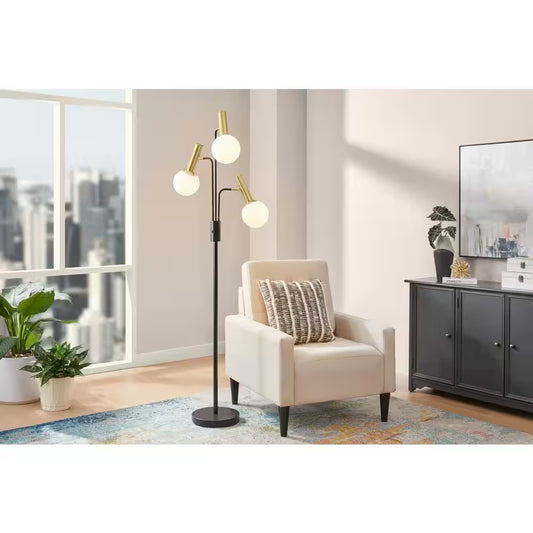 Kingsbridge 70 In. 3-Light Black and Gold Tree Floor Lamp with White Glass Globe Shades