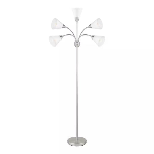 67 In. 5-Light Brushed Nickel Gooseneck Floor Lamp with White Acrylic Shades