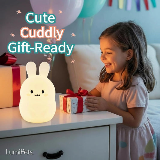 Baxter the Bunny Squishy Night Light for Kids | Silicone Lamp with Tap & Remote Control | Rechargeable Color Changing Animal Night Light for Boys & Girls | Portable Nightlight with USB Cord