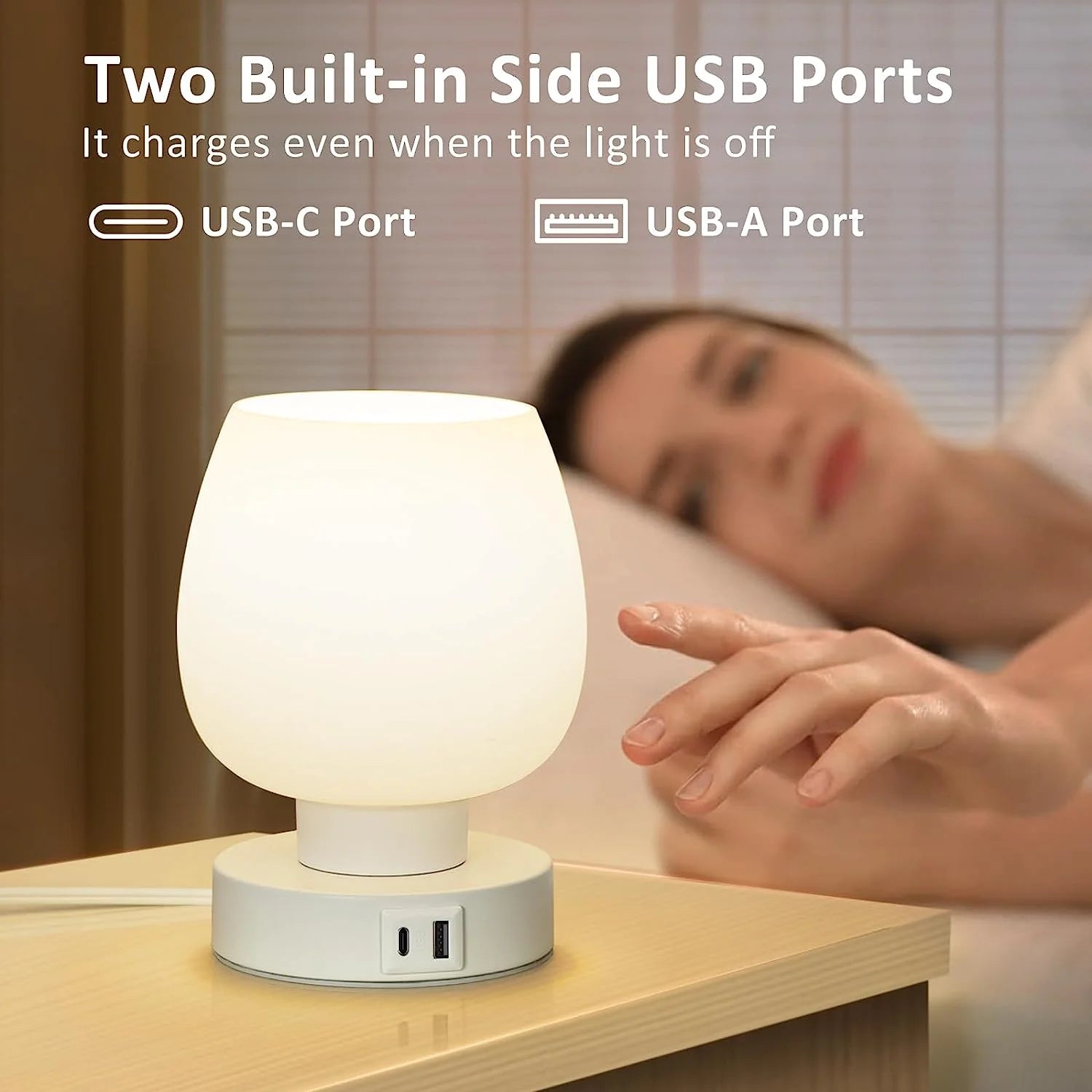 Bedside Lamp, Touch Control Table Lamp with USB A+C Charging Ports, 3-Way Dimmable Small Nightstand Lamp with Glass Lamp Shade for Bedroom Living Room