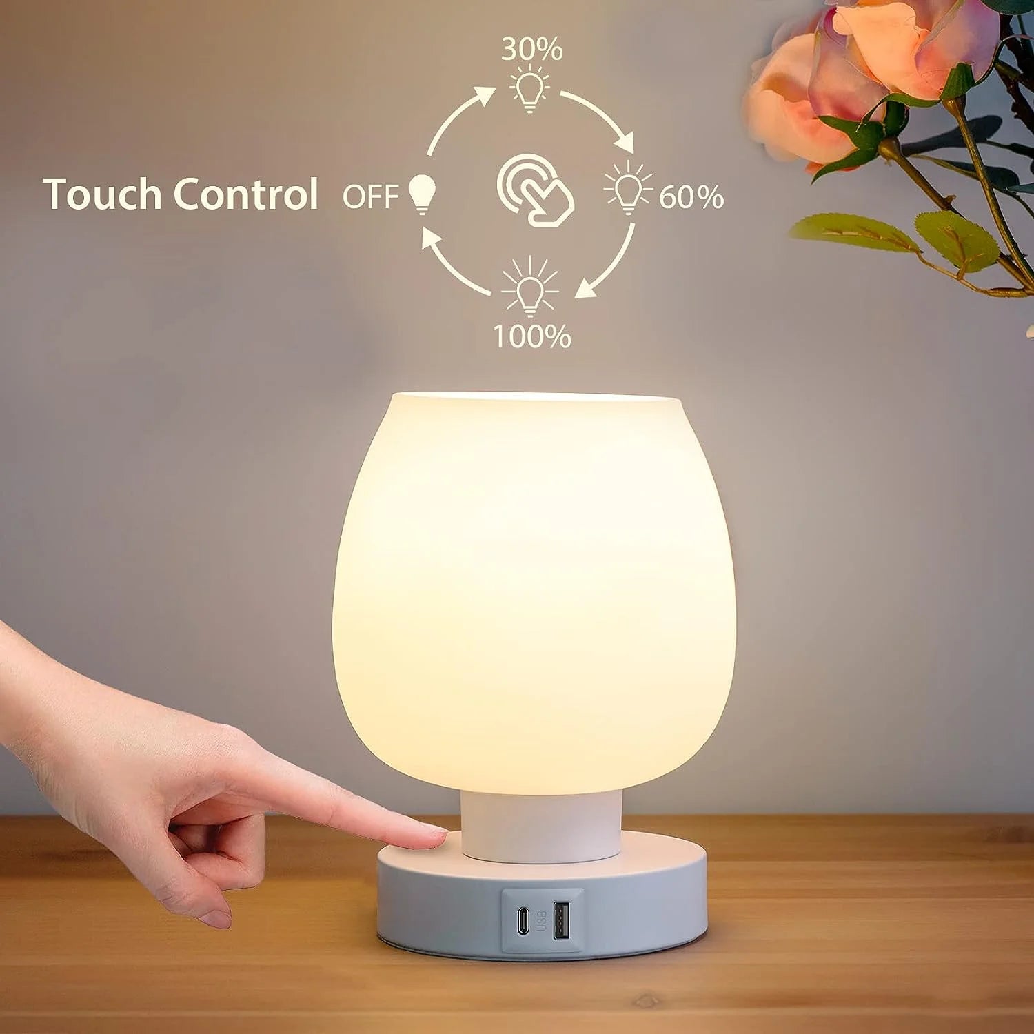 Bedside Lamp, Touch Control Table Lamp with USB A+C Charging Ports, 3-Way Dimmable Small Nightstand Lamp with Glass Lamp Shade for Bedroom Living Room