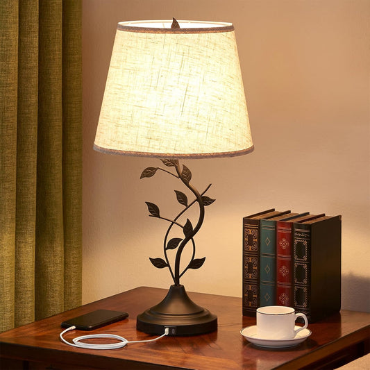 Table Lamp for Bedside, Lamp for Living Room with USB-A and USB-C Charging Ports, Traditional Tall Bedroom Lamp for End Table